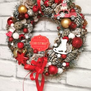 Piros fehér karácsonyi ajtódísz- 24 cm