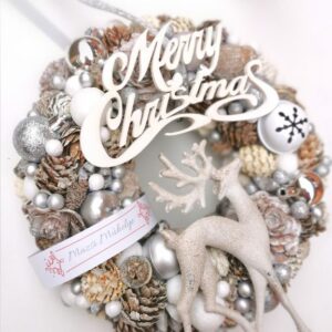 Ezüst fehér adventi ajtódísz- 25 cm