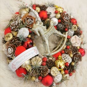 Piros arany karácsonyi ajtódísz-26 cm