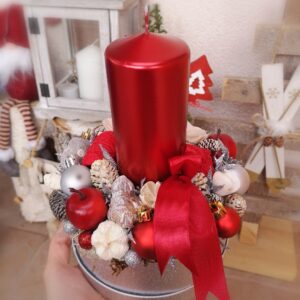 Piros ezüst adventi asztaldísz- 15 cm
