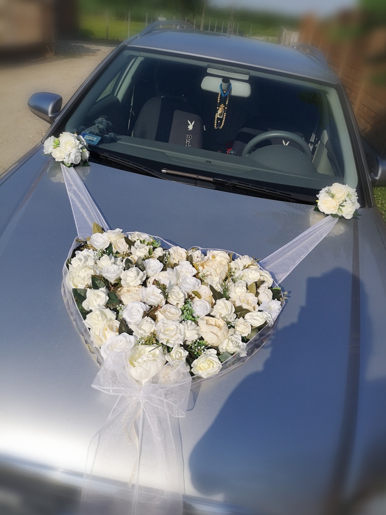 Esküvői autódísz, organza- szív- csokrok